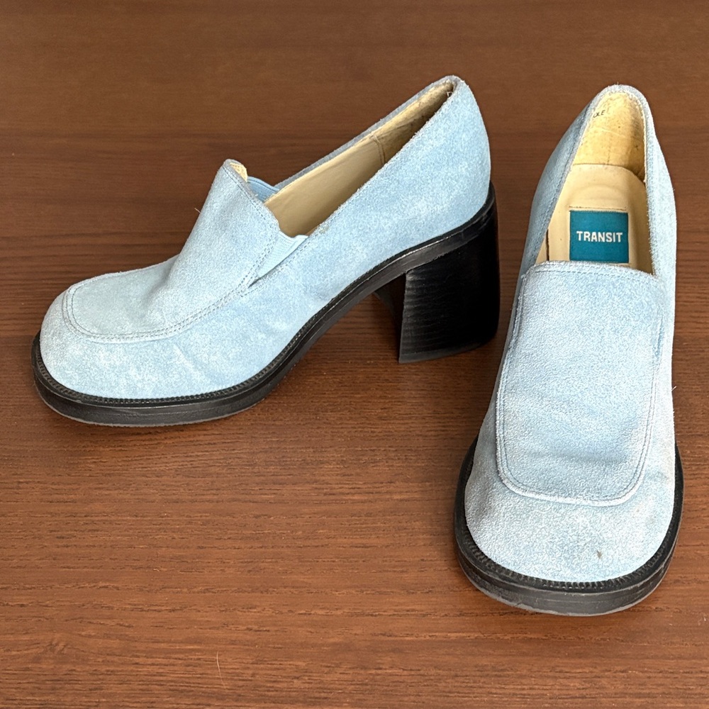 TRANSIT - Women's Blue Suede Chunky Heeled Loafers - Picture 4 of 11